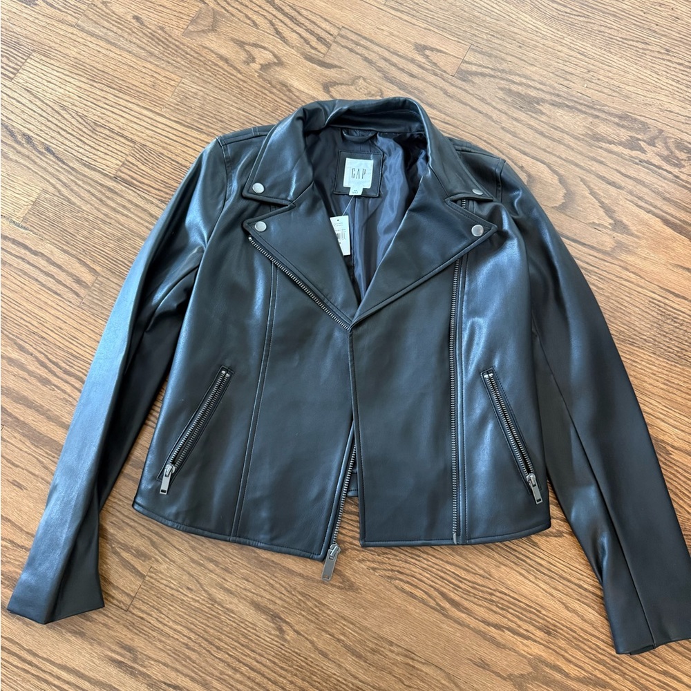 GAP NWT Women's Black Leather Moto Jacket Sz XS